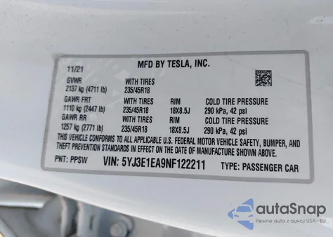 2022 Tesla Model 3 Rear-Wheel Drive from USA, damaged, VIN 5YJ3E1EA9NF122211